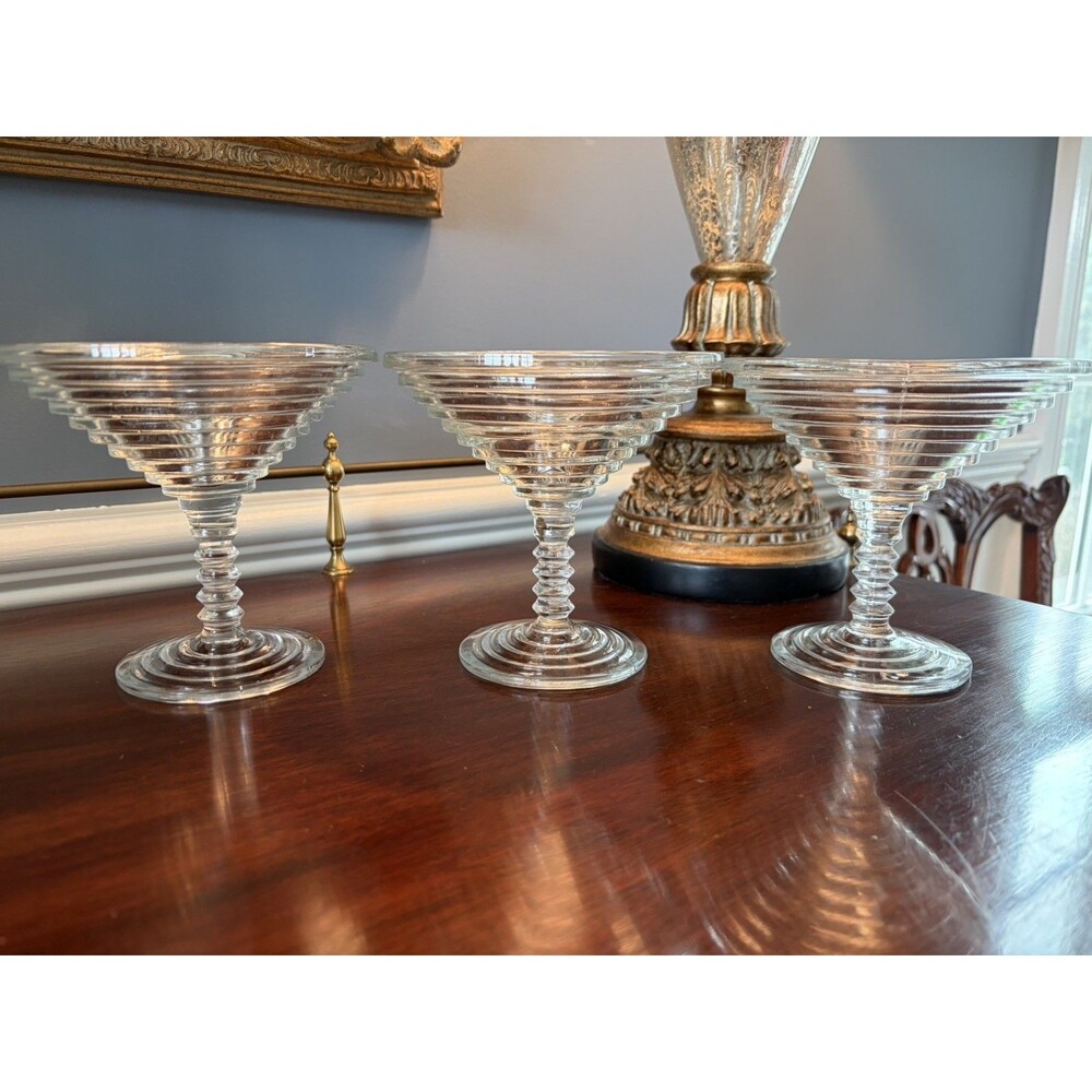 Vintage Anchor Hocking Manhattan Pattern Clear Glass Compote Martini Glasses 3